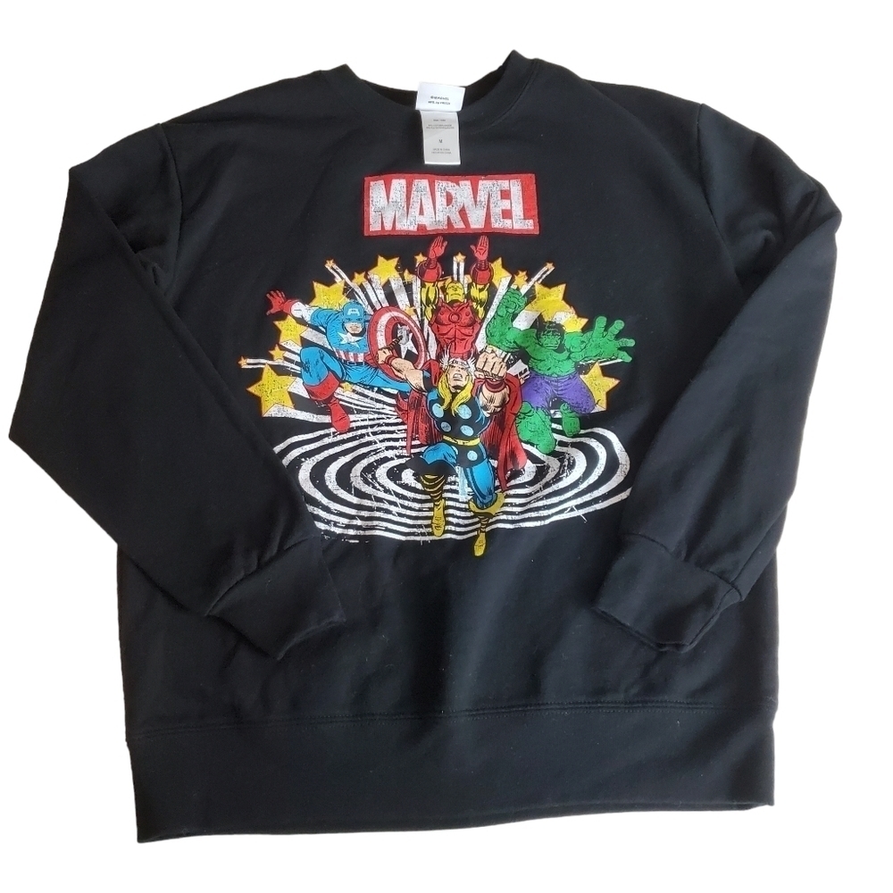 MARVEL Sweatshirt Womens Medium‎ Black Superhero AOP Black Long Sleeve